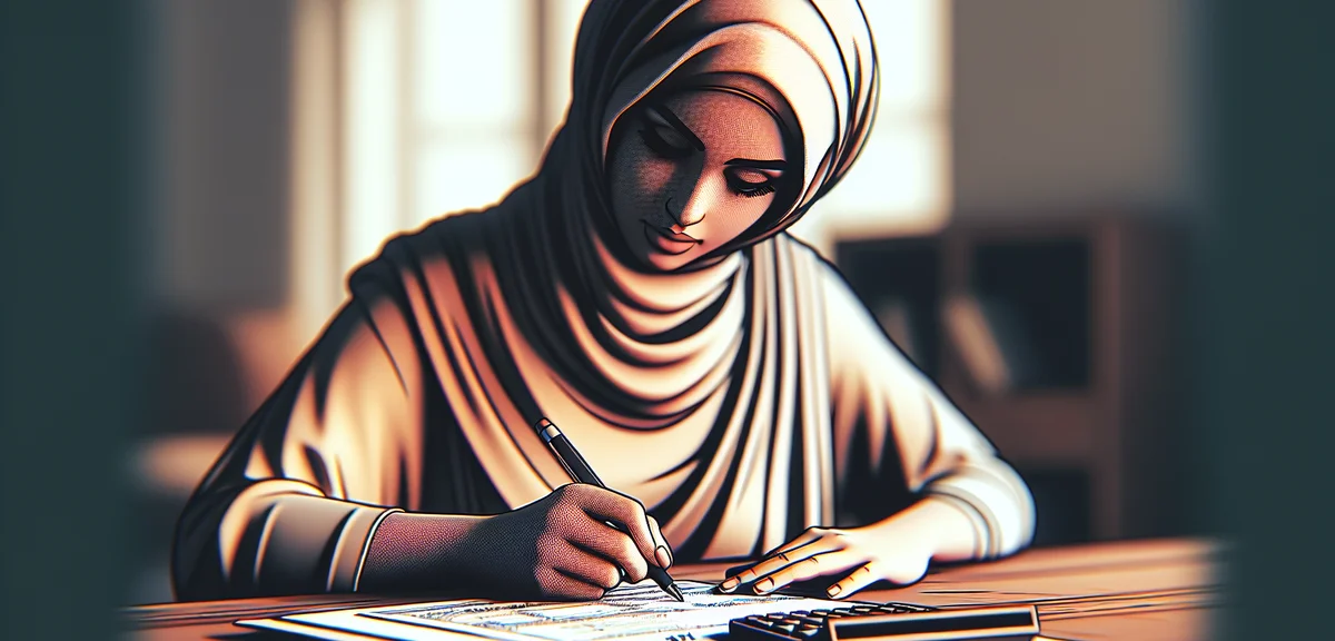 A person carefully filling out a tax form at a desk with a calculator, warm indoor lighting, close-u