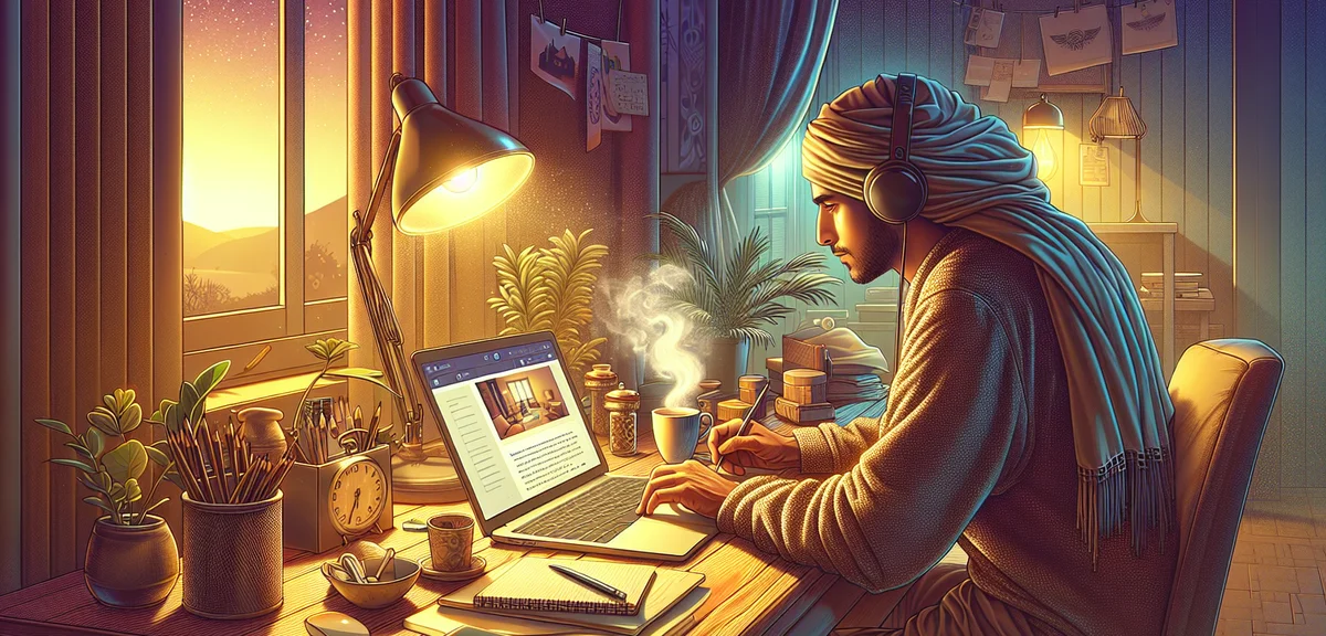 A relaxed person working on a blog on a laptop at a cozy home desk, cup of tea nearby, peaceful even