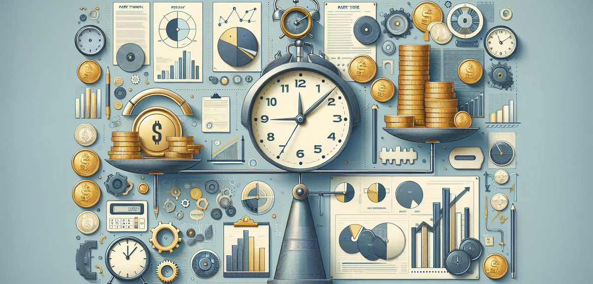Time and money balance illustration, clock and coins, part-time work concept, professional infograph