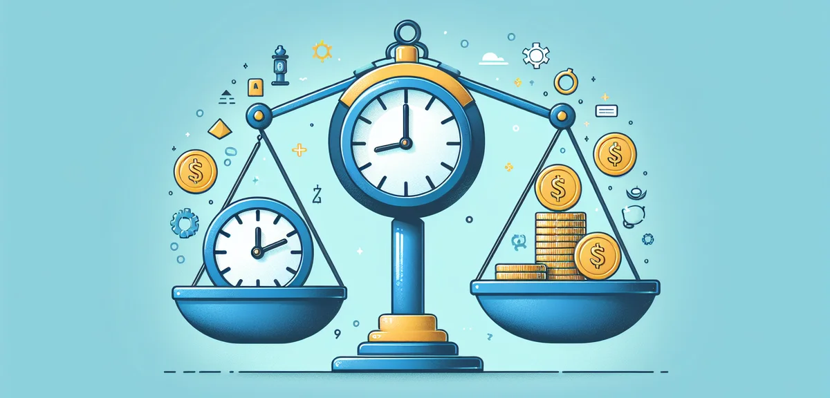 Time and money balance illustration, clock and coins, part-time work concept, professional infograph