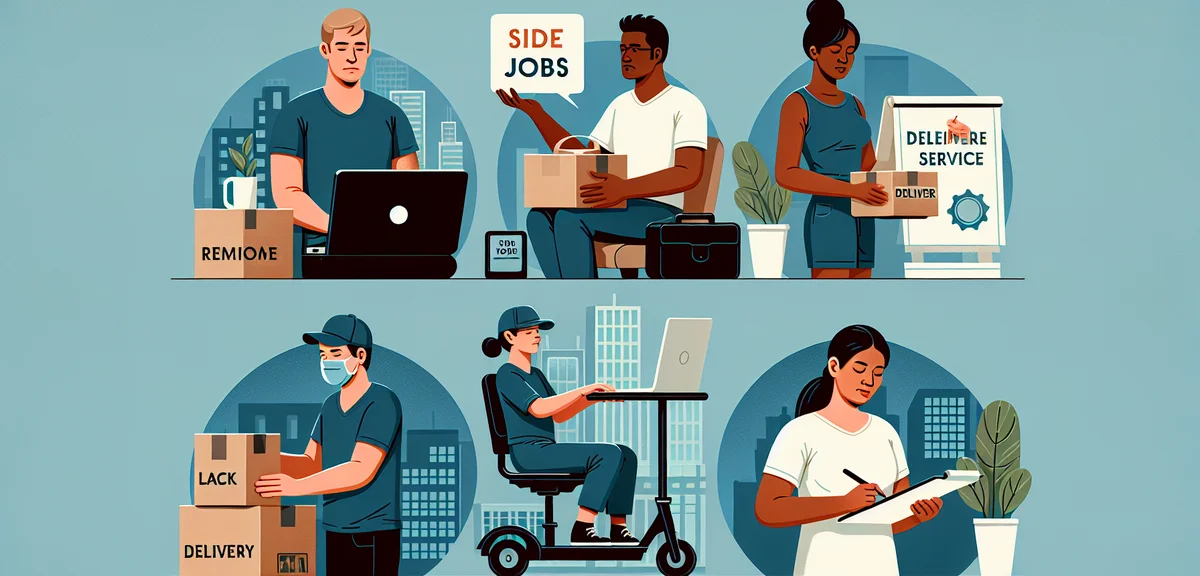 Various side job examples, laptop work, delivery, writing icons, comparative layout, clean design