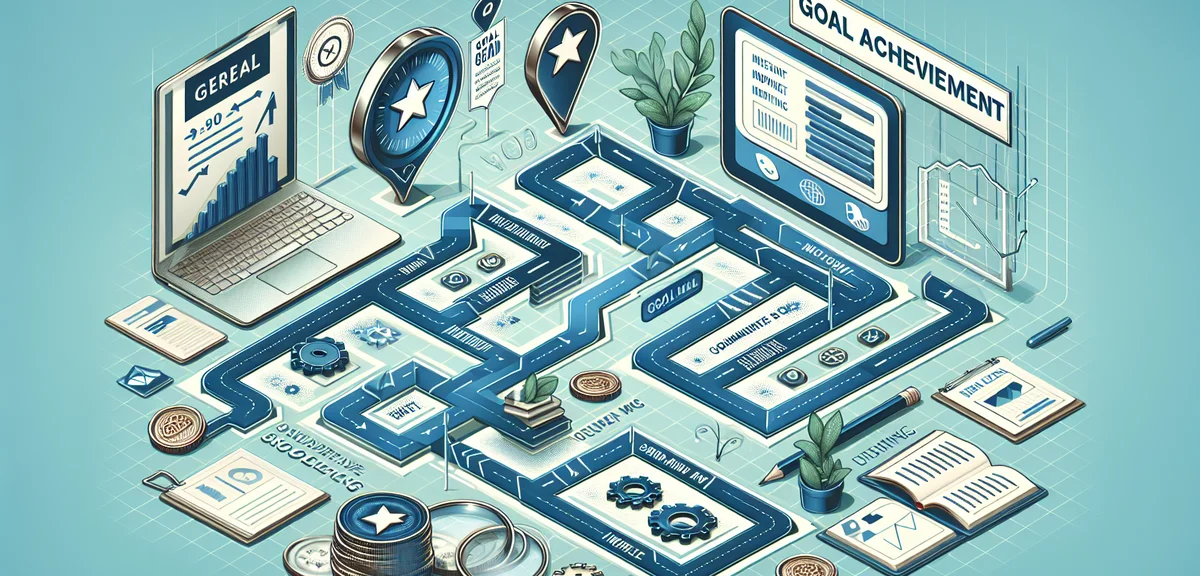 Goal achievement roadmap, milestone markers, progress path illustration, motivational business style