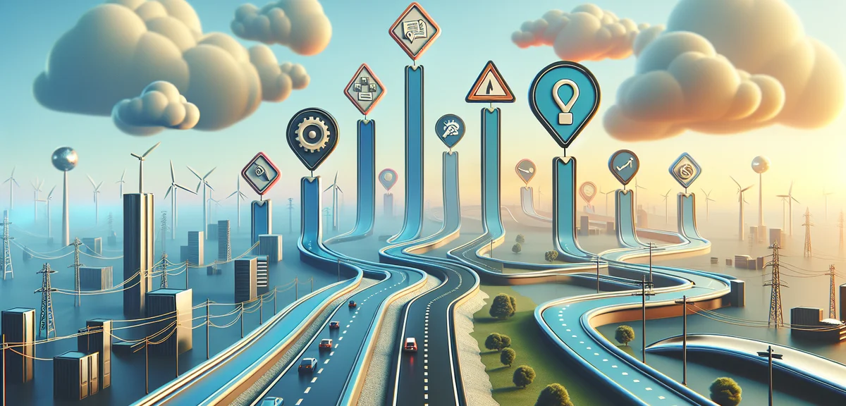 Goal achievement roadmap, milestone markers, progress path illustration, motivational business style