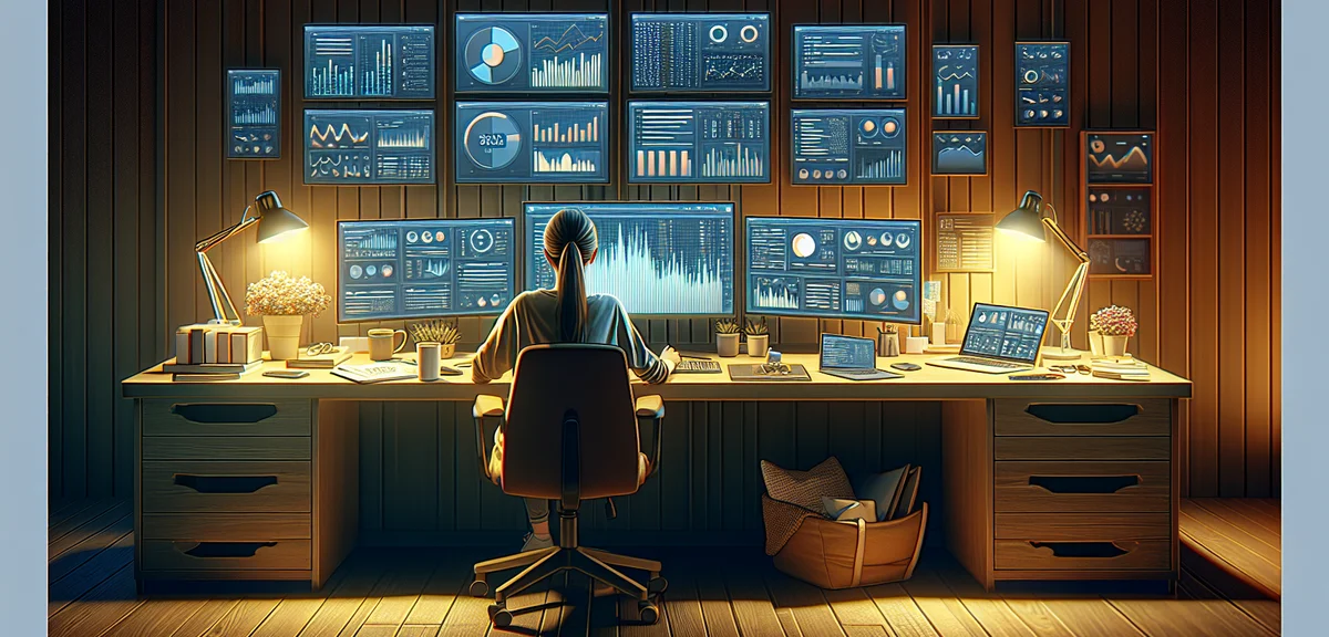 Person working late night at desk with multiple screens showing analytics, dedicated blogger atmosph