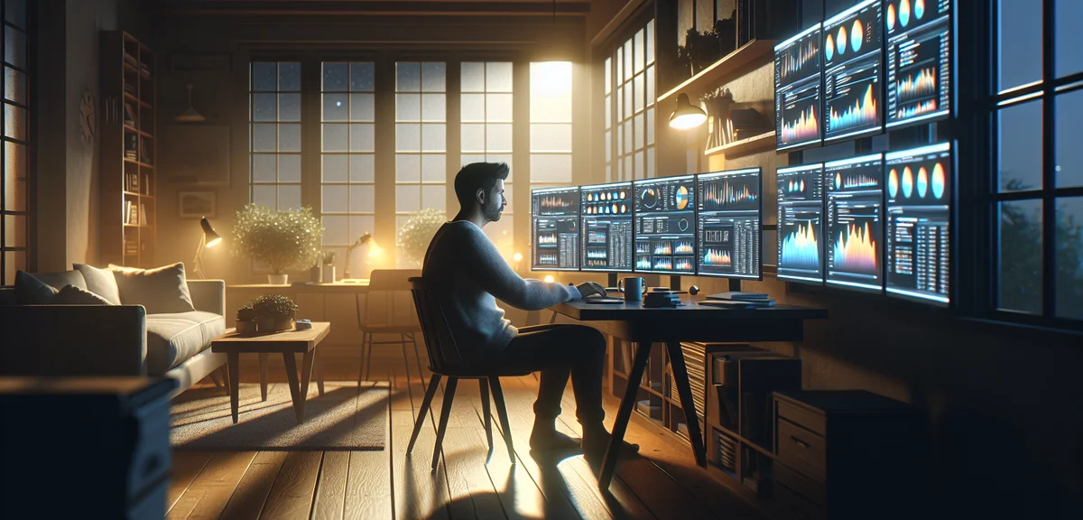 Person working late night at desk with multiple screens showing analytics, dedicated blogger atmosph