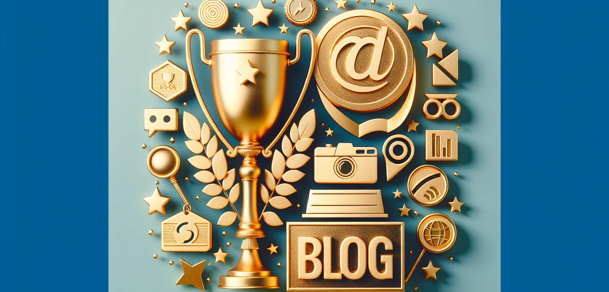 Trophy and medal with blog icons, achievement and success concept, celebratory golden warm illustrat