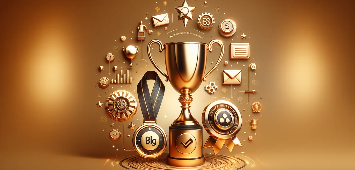 Trophy and medal with blog icons, achievement and success concept, celebratory golden warm illustrat