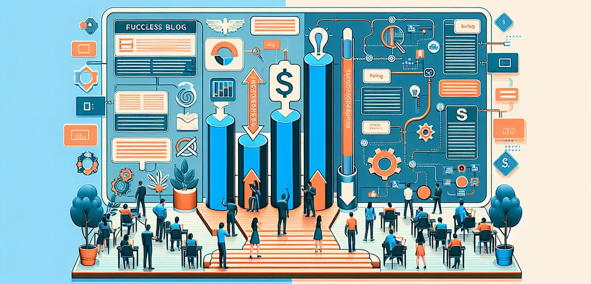 A comparison chart showing successful vs unsuccessful blog strategies, clean infographic style, blue