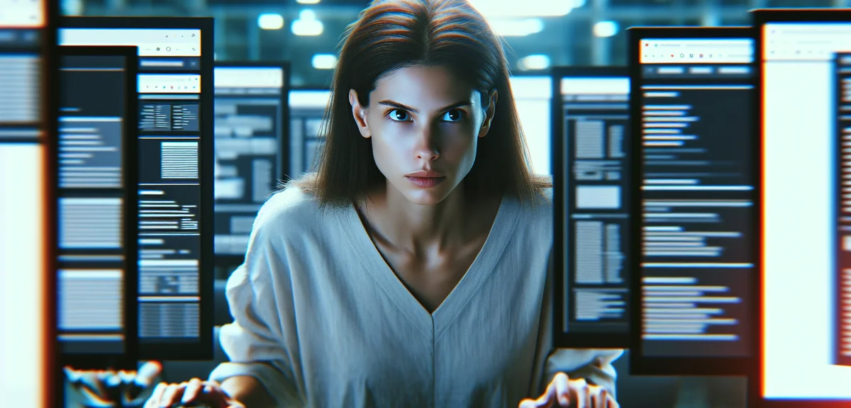 A person analyzing SEO data on multiple screens, focused expression, modern workspace