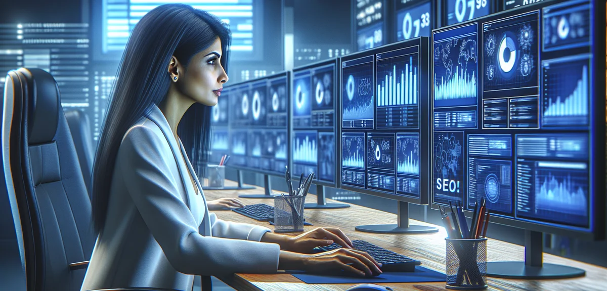 A person analyzing SEO data on multiple screens, focused expression, modern workspace