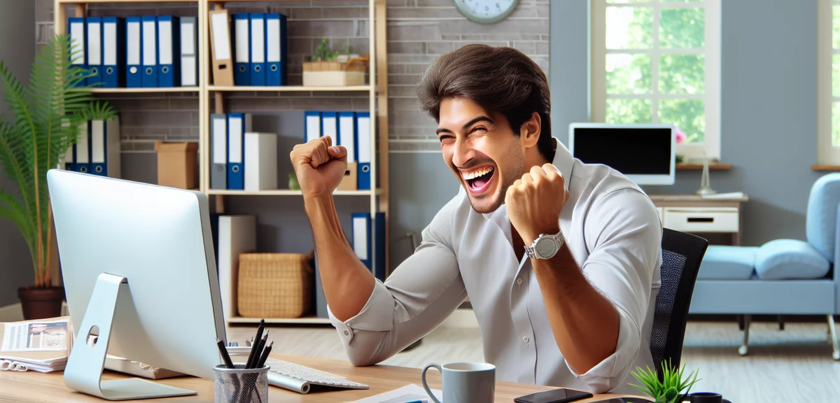 A happy blogger celebrating blog income growth on computer screen, bright cheerful mood, home office