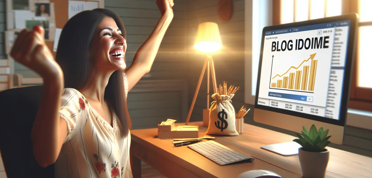 A happy blogger celebrating blog income growth on computer screen, bright cheerful mood, home office
