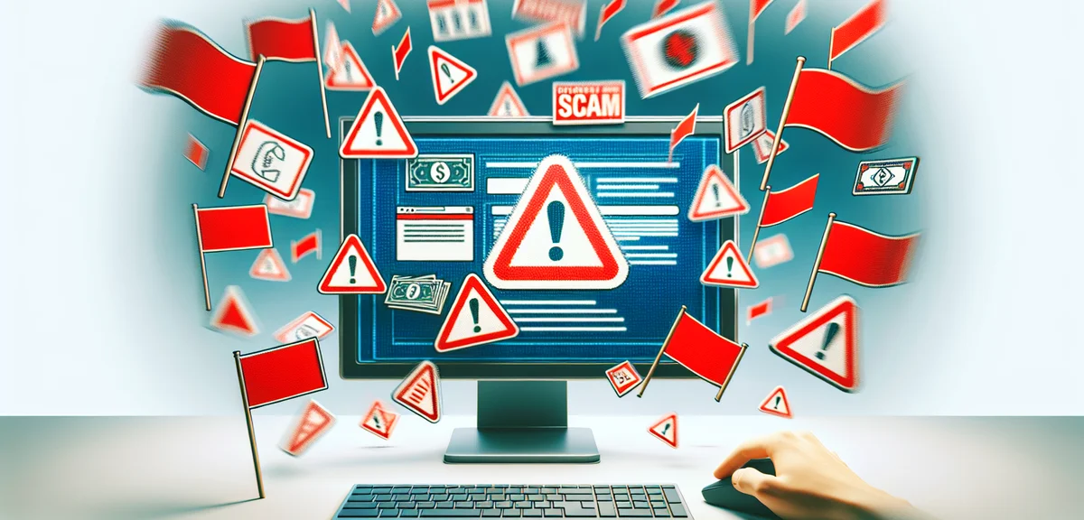 Warning signs and red flags symbols floating around computer screen showing suspicious money offers,