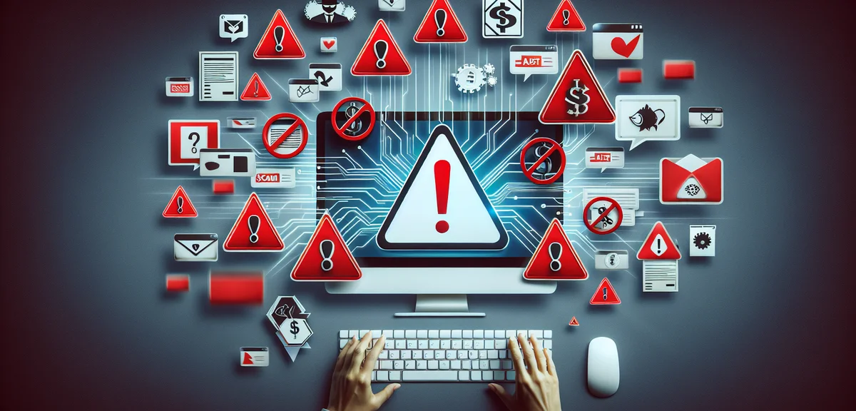 Warning signs and red flags symbols floating around computer screen showing suspicious money offers,