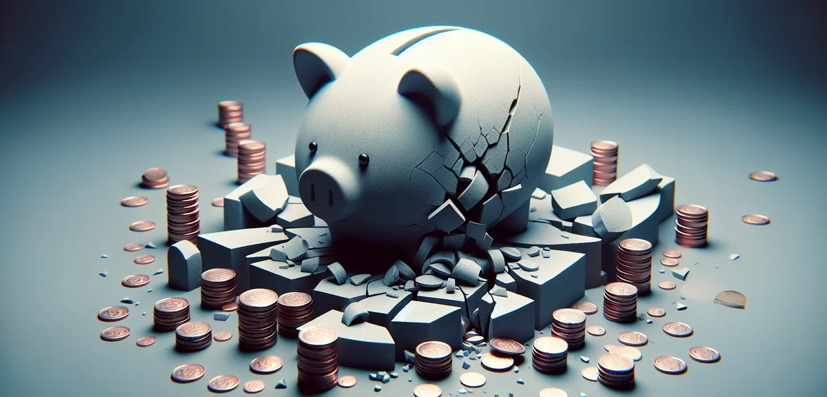 Broken piggy bank with scattered coins, financial loss concept, melancholic but educational illustra
