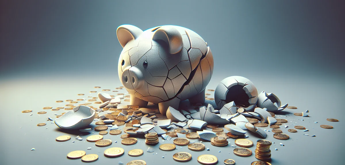 Broken piggy bank with scattered coins, financial loss concept, melancholic but educational illustra