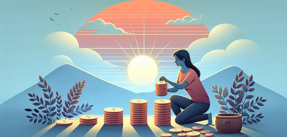 Person rebuilding stack of coins with sunrise in background, recovery and learning from failure conc
