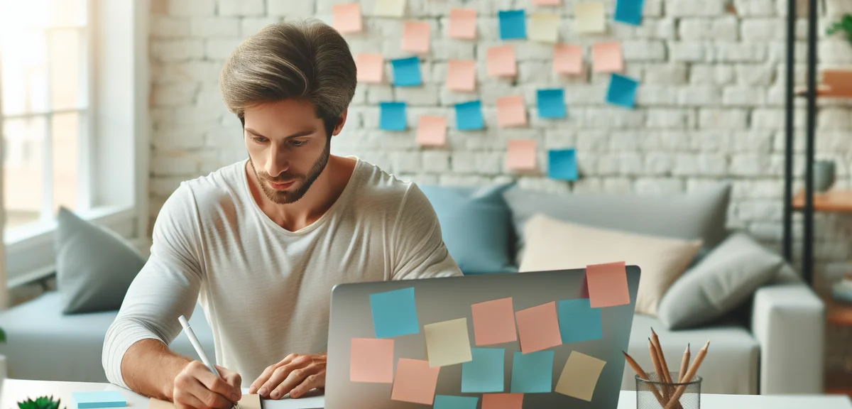 A person brainstorming and writing goals on sticky notes around a laptop, bright modern workspace il
