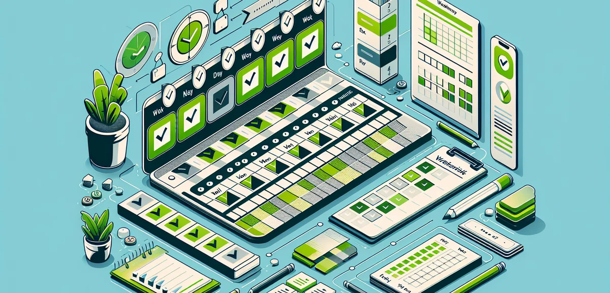 A weekly planner with checkmarks progressing through 4 weeks, infographic style illustration, clean 