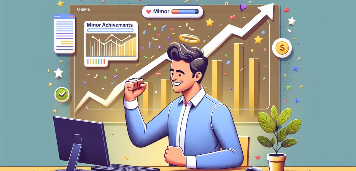 A person celebrating small wins at a computer with confetti and a progress bar showing growth, cheer