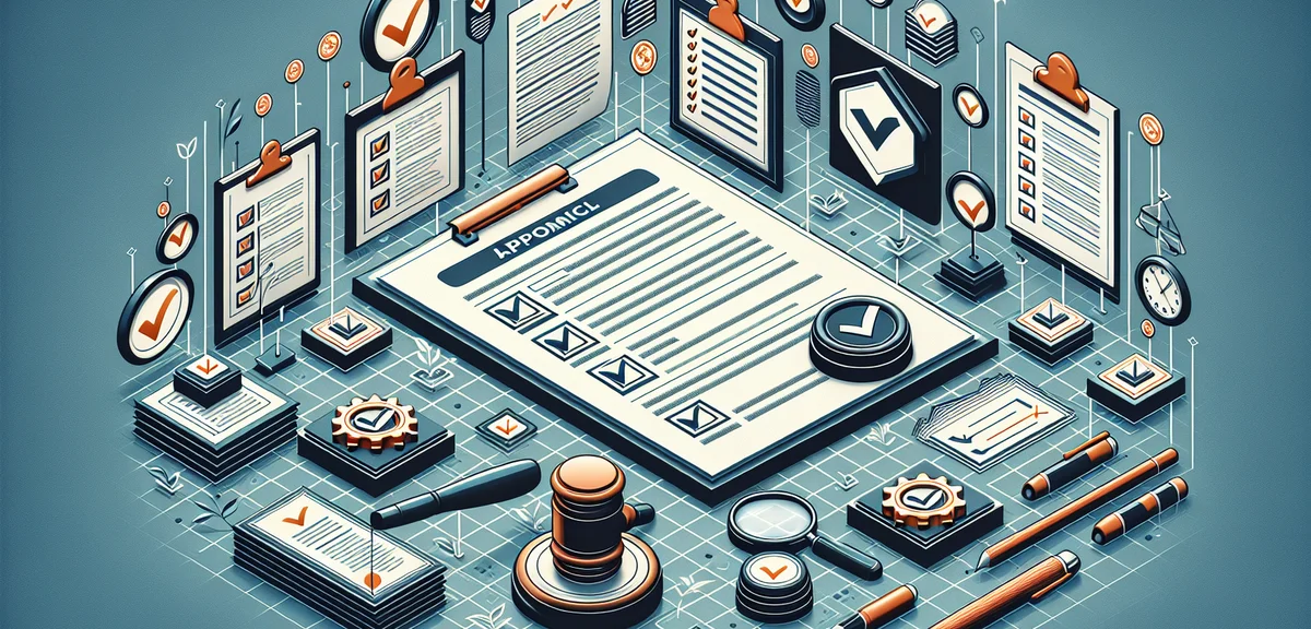 Legal document with checkmarks and approval stamps, compliance and permission concept, clean profess
