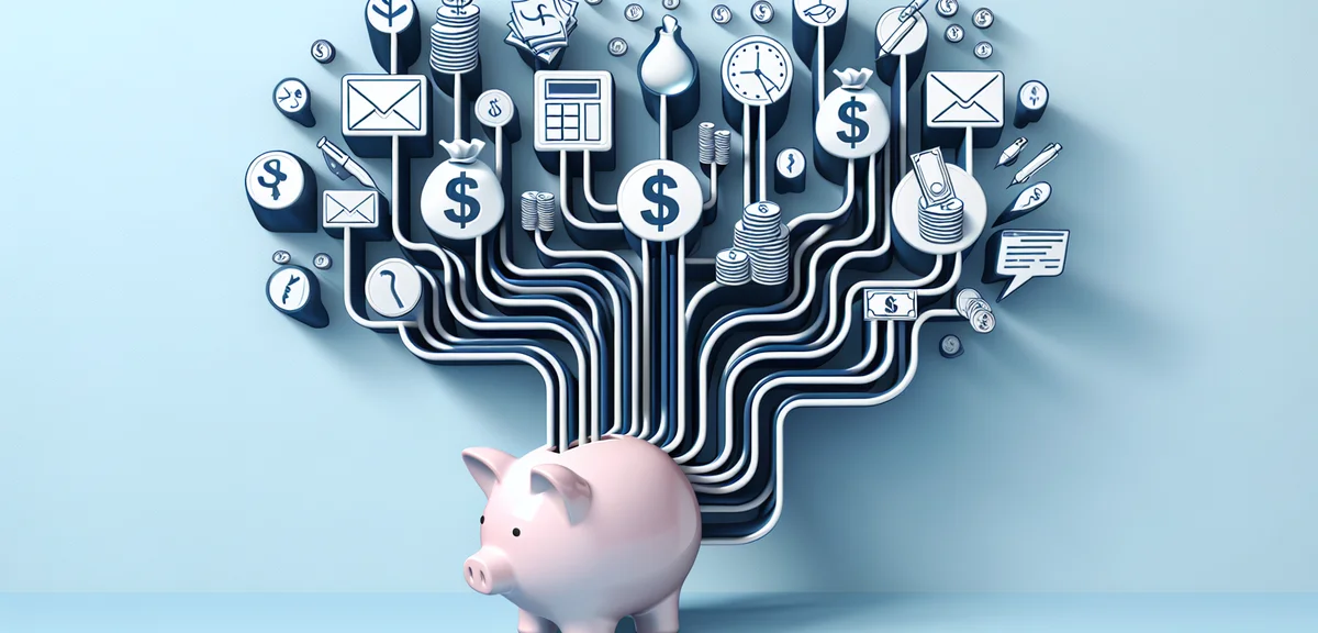 Multiple income streams flowing into a piggy bank, investment stocks real estate and writing icons, 