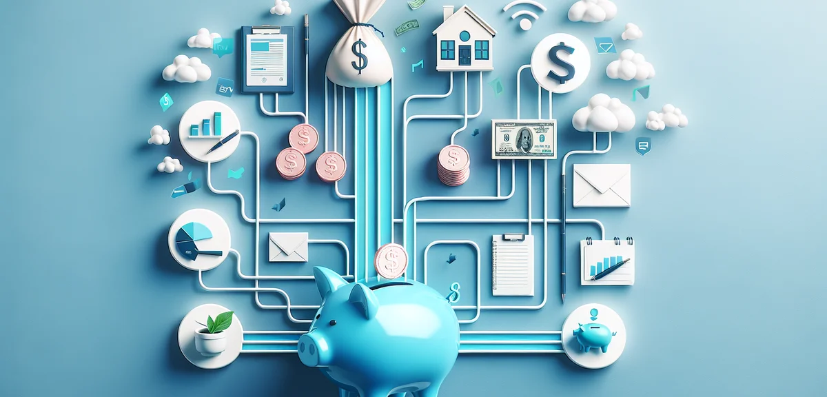 Multiple income streams flowing into a piggy bank, investment stocks real estate and writing icons, 