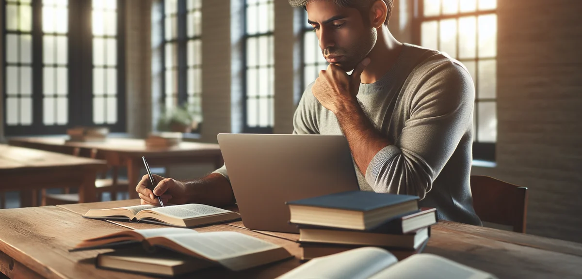 Person studying at desk with books and laptop, skill development and learning concept, peaceful prod