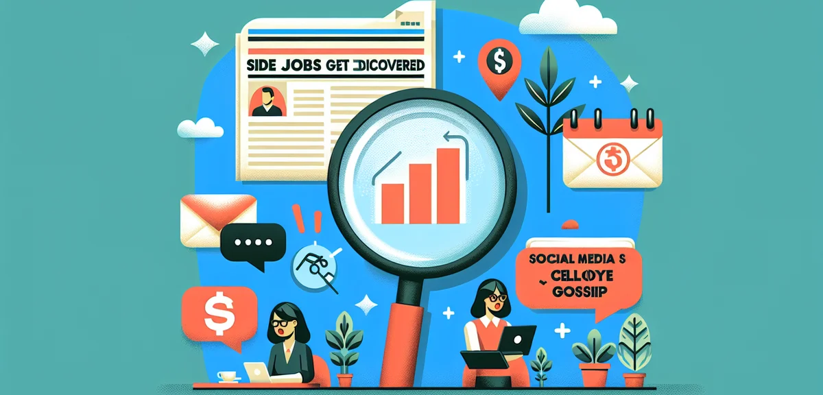 An illustration showing common reasons side jobs get discovered - tax documents, social media posts,