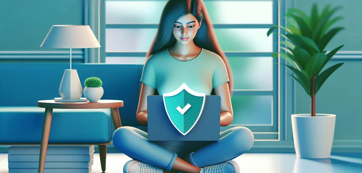 An illustration of a person safely working on a laptop at home with a shield icon, representing prot