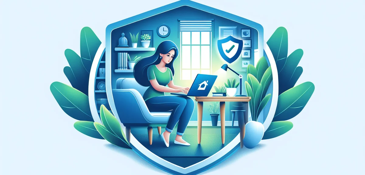 An illustration of a person safely working on a laptop at home with a shield icon, representing prot