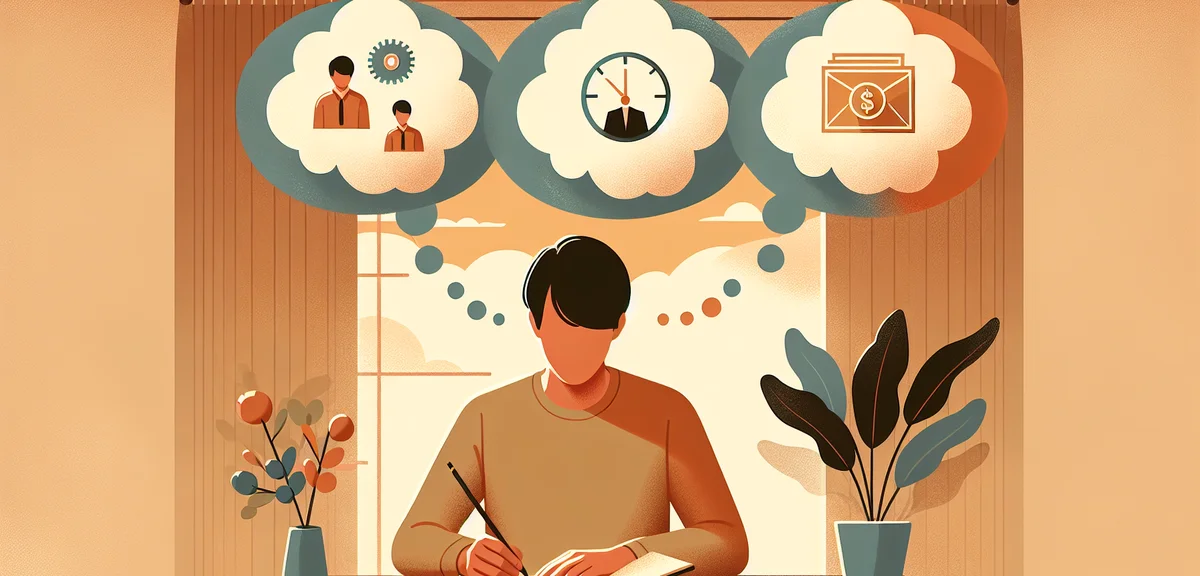 An illustration of a Japanese person writing in a notebook with thought bubbles showing skills, time