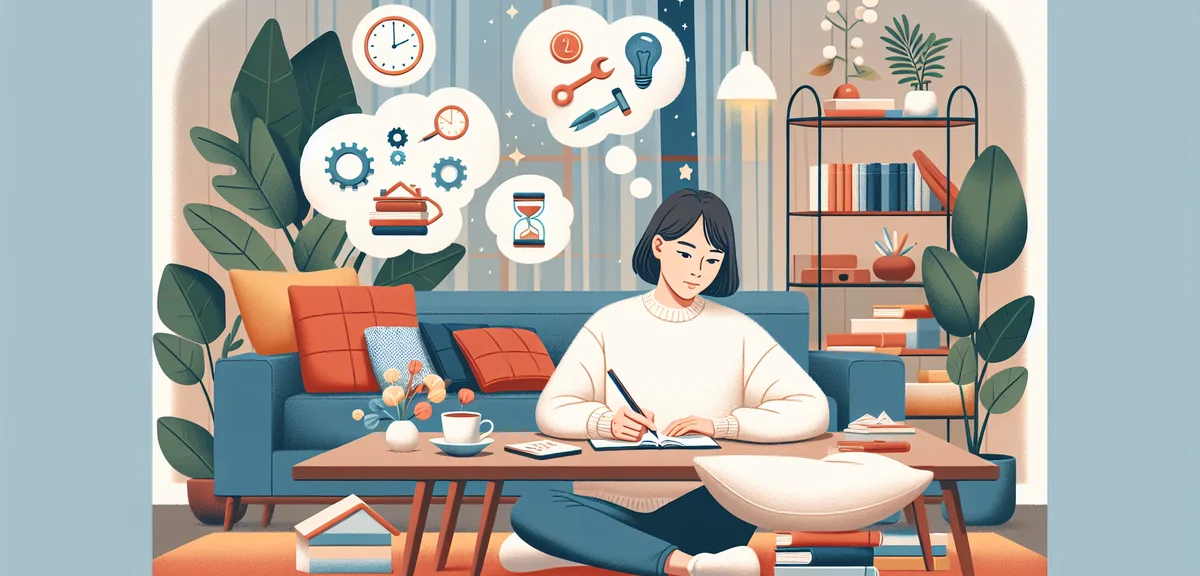 An illustration of a Japanese person writing in a notebook with thought bubbles showing skills, time