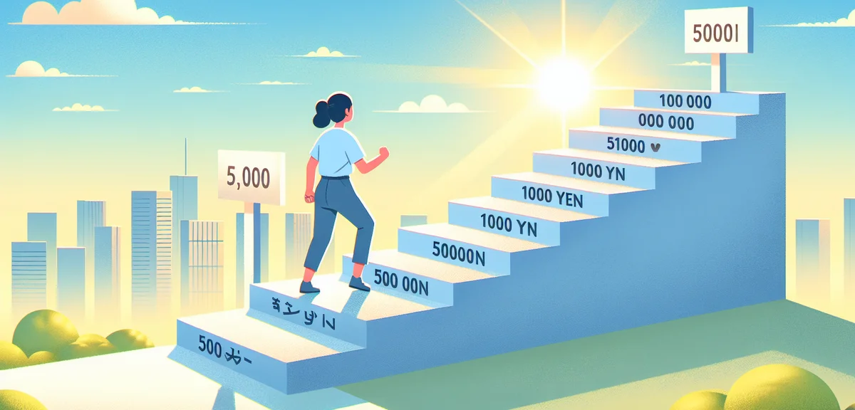 A motivational illustration of a person taking their first step on a staircase labeled with mileston