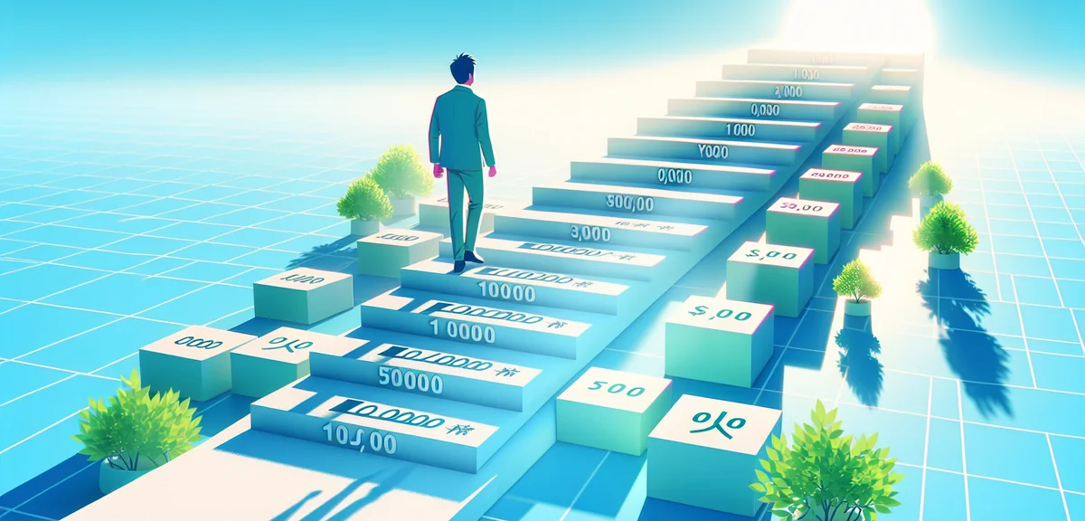 A motivational illustration of a person taking their first step on a staircase labeled with mileston