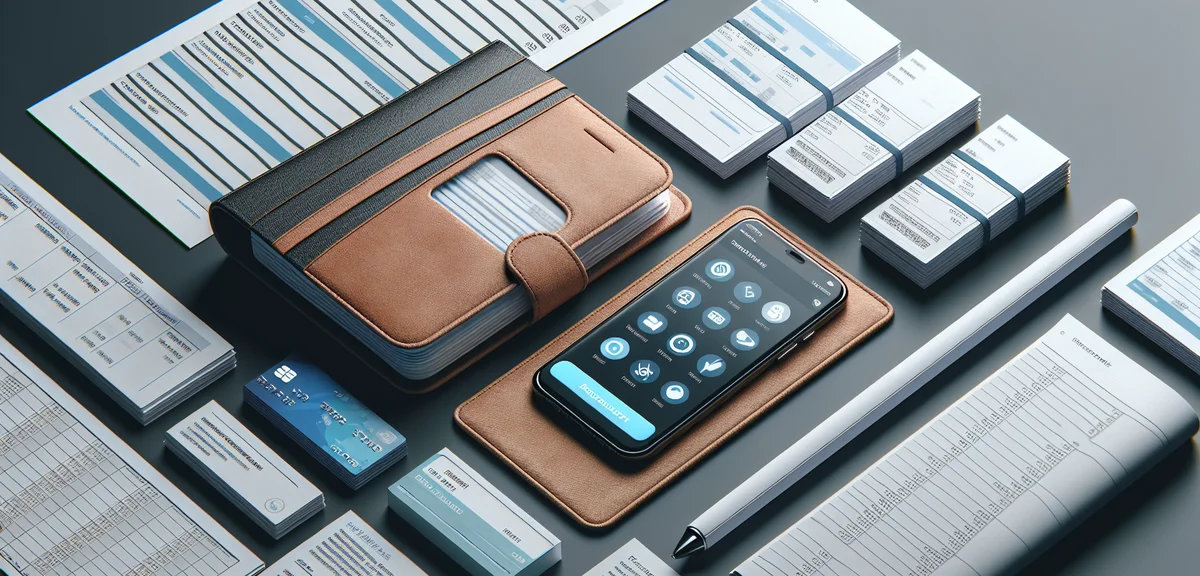 A close-up of a bank passbook and a smartphone showing a banking app, organized financial documents,