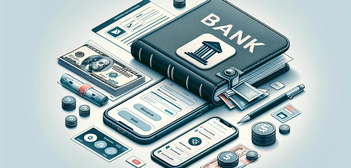 A close-up of a bank passbook and a smartphone showing a banking app, organized financial documents,