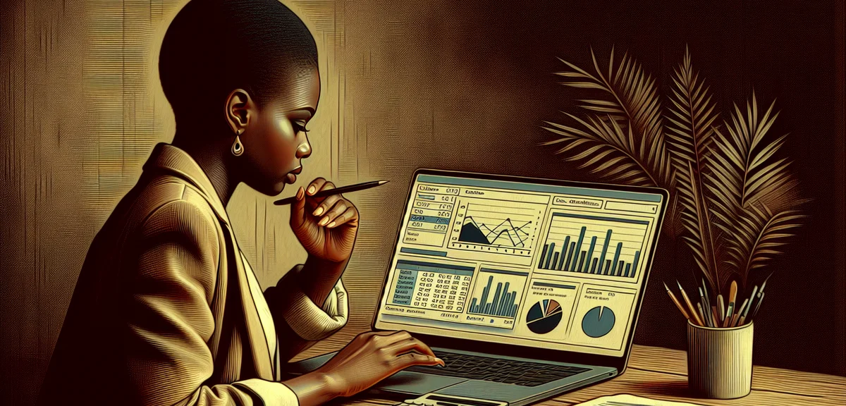 A person using accounting software on a laptop screen showing charts and expense categories, focused