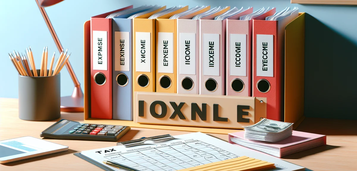 A neat desk with organized folders labeled expenses and income, a calendar showing tax deadline, bri