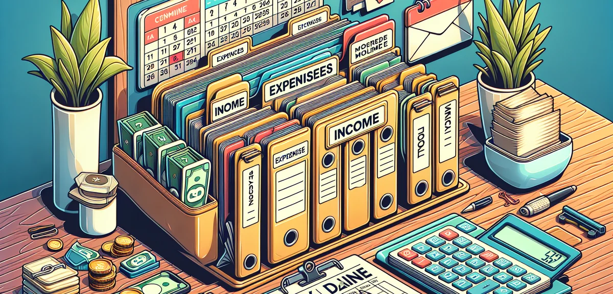 A neat desk with organized folders labeled expenses and income, a calendar showing tax deadline, bri