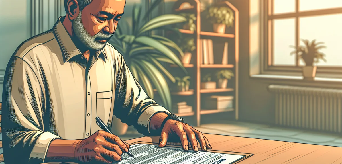 A person filling out a tax return form (確定申告書) at a desk, focus on the document, warm indoor lightin