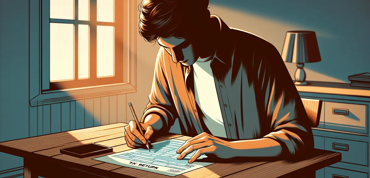 A person filling out a tax return form (確定申告書) at a desk, focus on the document, warm indoor lightin