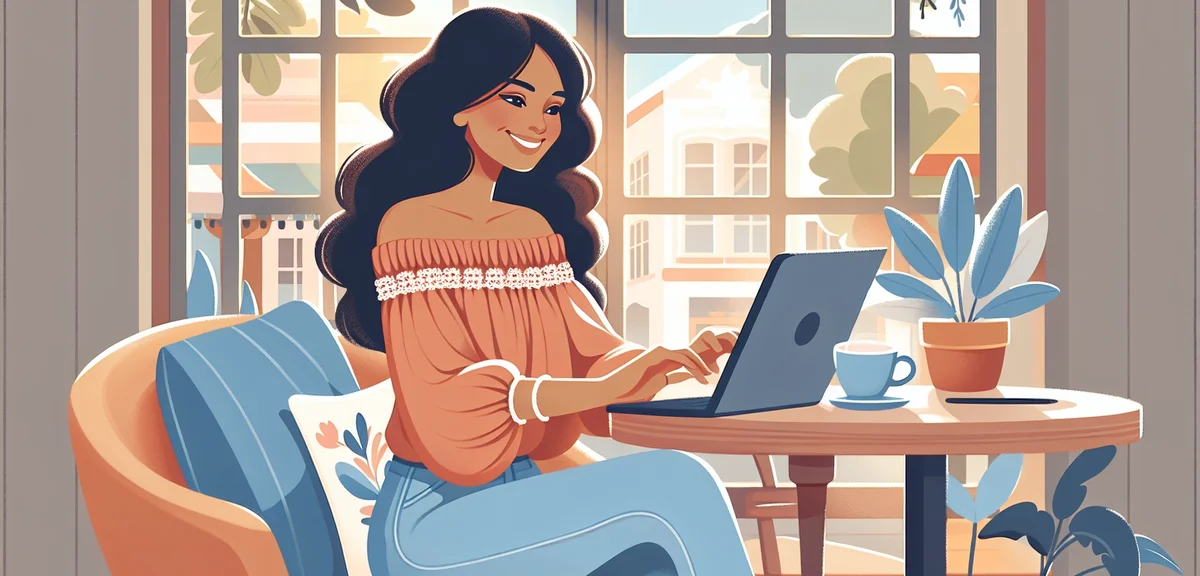 A happy person working on a laptop at a cafe, relaxed atmosphere, representing flexible side job wor
