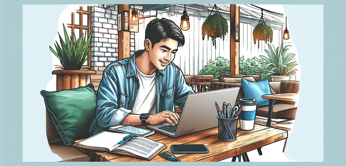 A happy person working on a laptop at a cafe, relaxed atmosphere, representing flexible side job wor