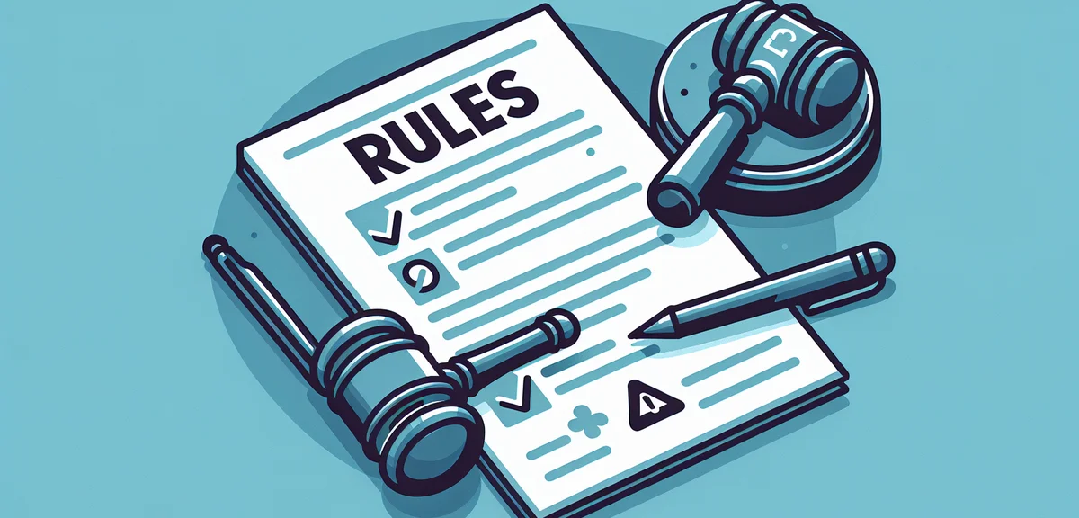 就業規則と小槌を描いた法的文書、会社の副業に関する規定を表現、クリーンでプロフェッショナルなイラスト