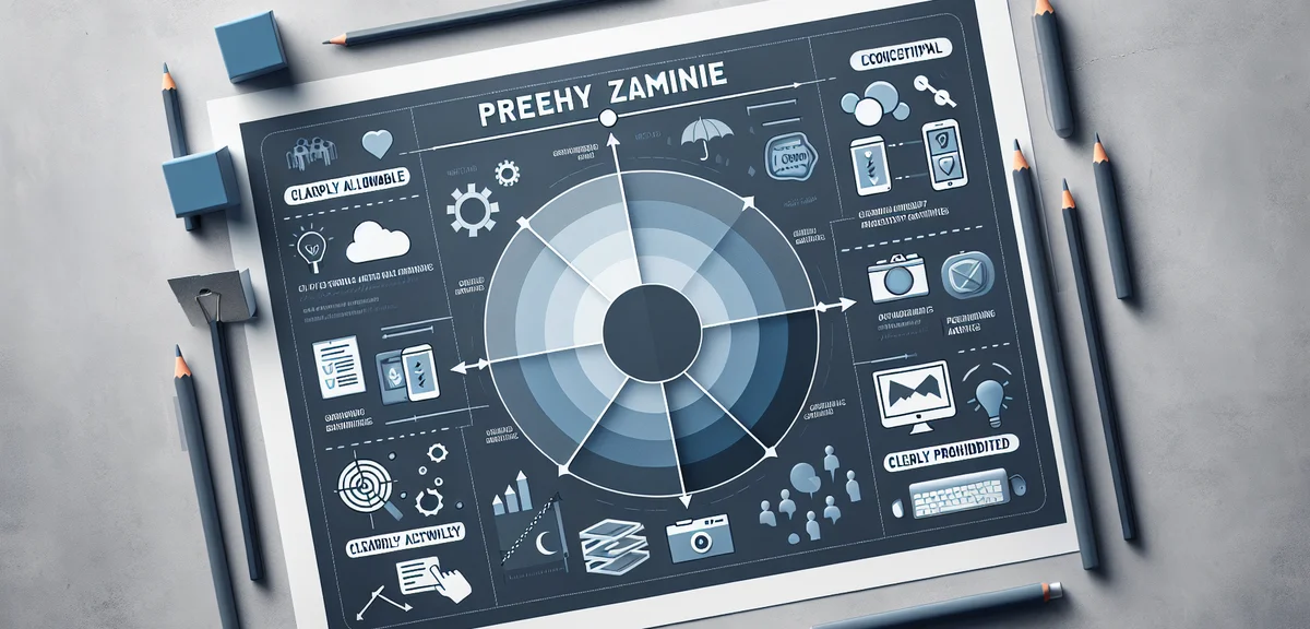 明確に許可されている活動から明確に禁止されている活動までのスペクトラムを示すグレーゾーンの概念図、インフォグラフィックスタイル、青灰色のトーン