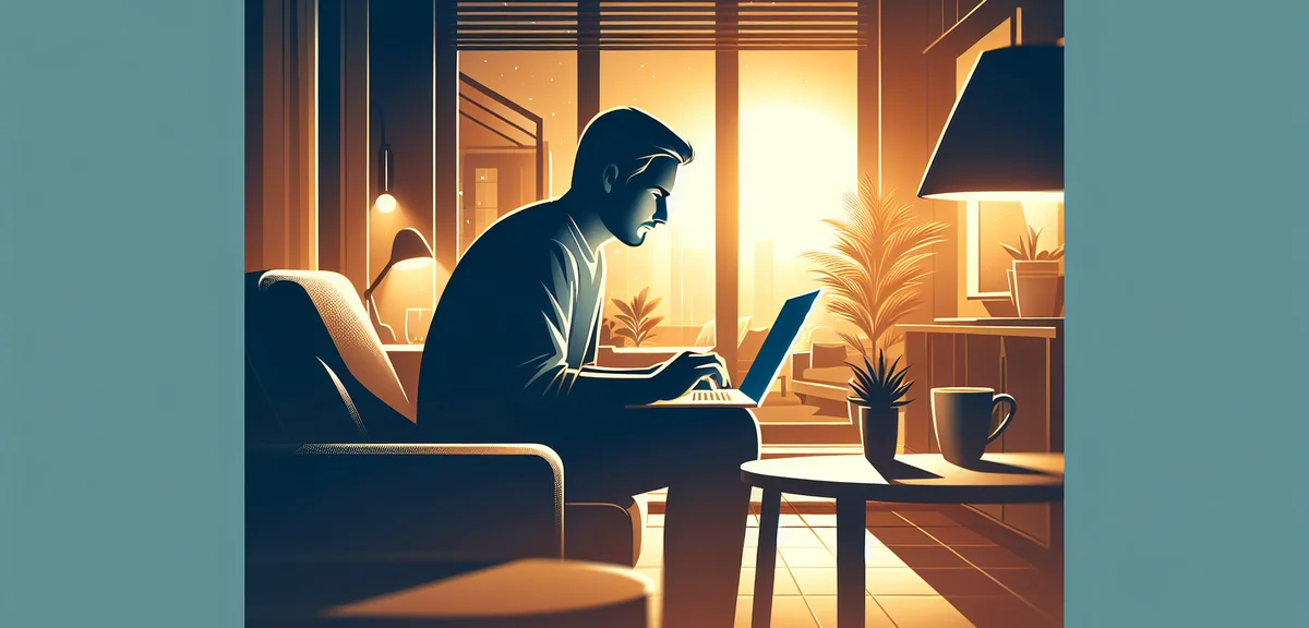 夕方の自宅で静かにノートPCで作業する人物、穏やかな雰囲気、柔らかな照明のモダンイラスト