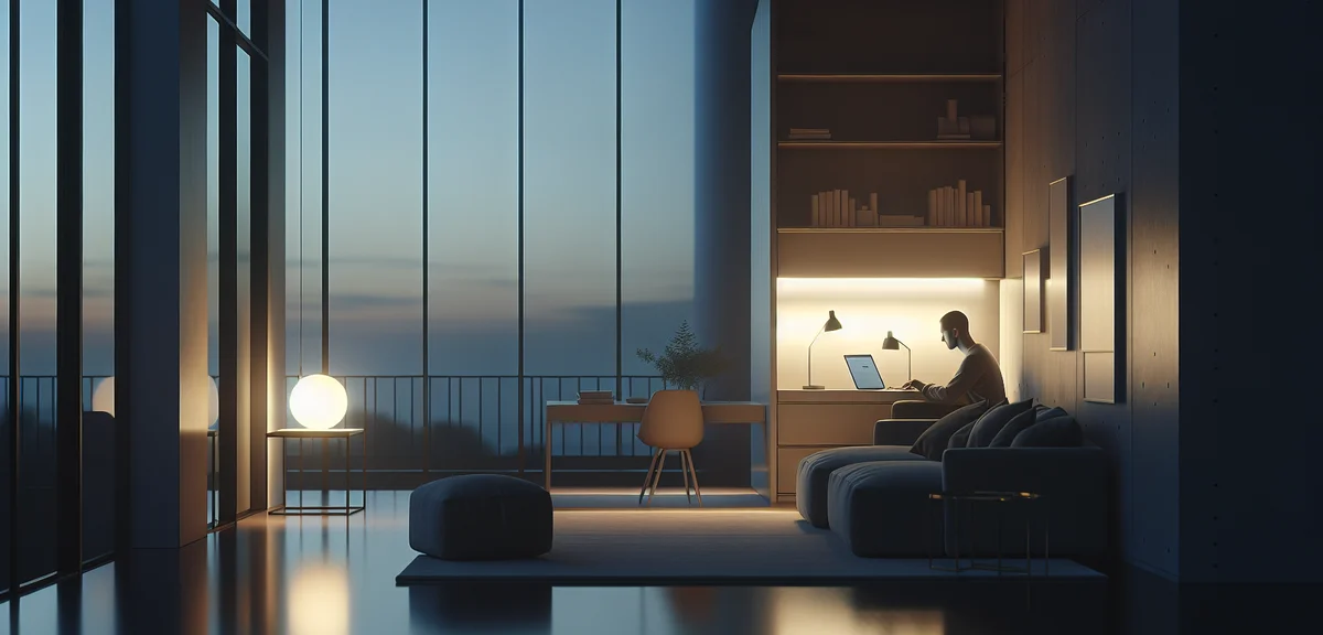 夕方の自宅で静かにノートPCで作業する人物、穏やかな雰囲気、柔らかな照明のモダンイラスト