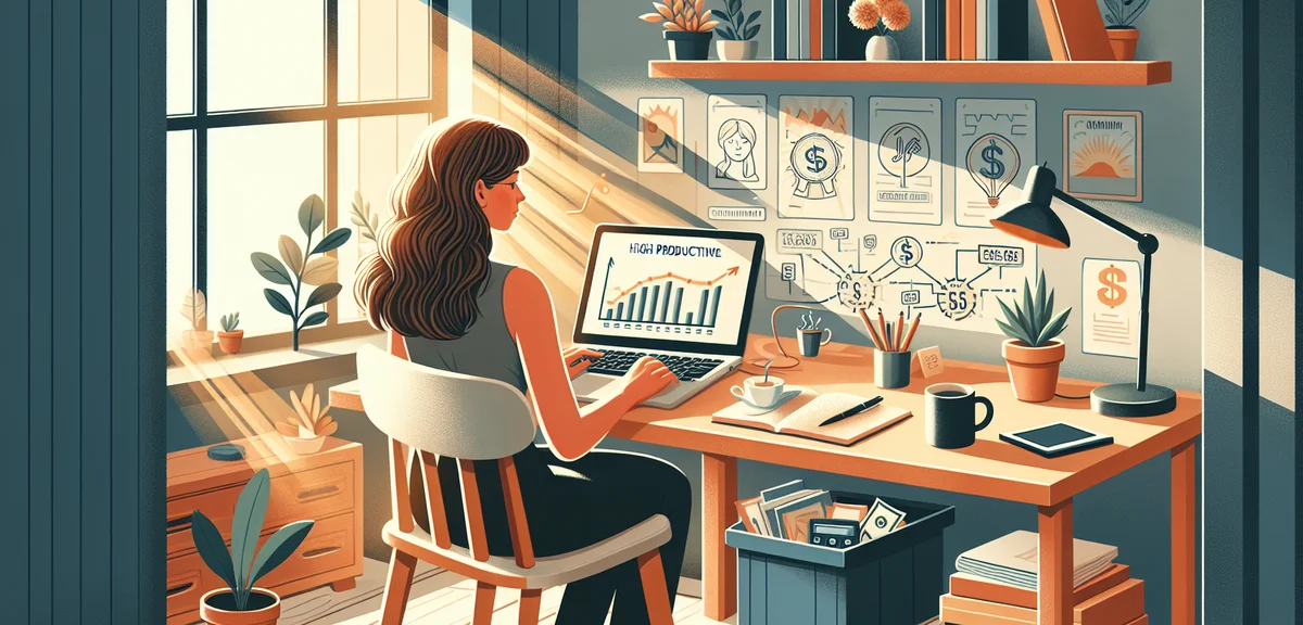 Person working on multiple side jobs from home, laptop showing various income sources, productive at