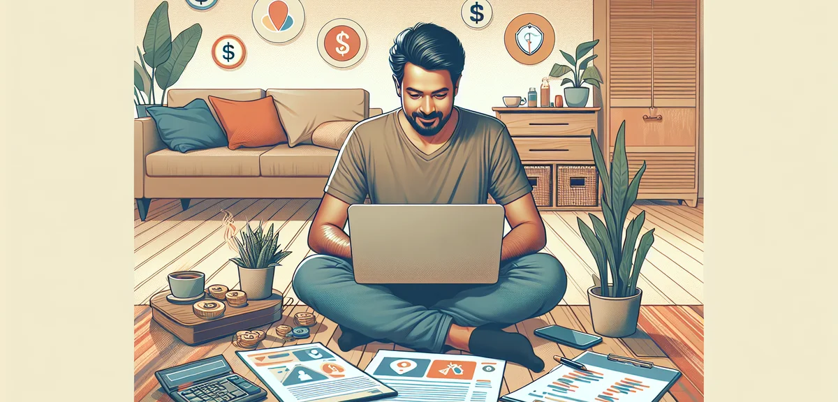 Person working on multiple side jobs from home, laptop showing various income sources, productive at